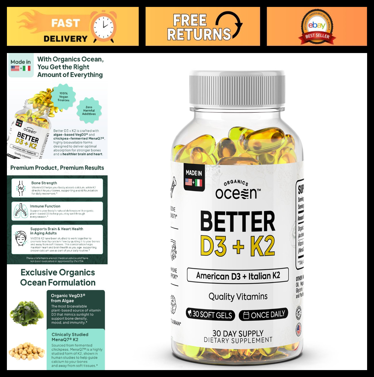 Organic Vitamin D3 + K2 Supplements – Max Bioavailability for Bone Health, Immun