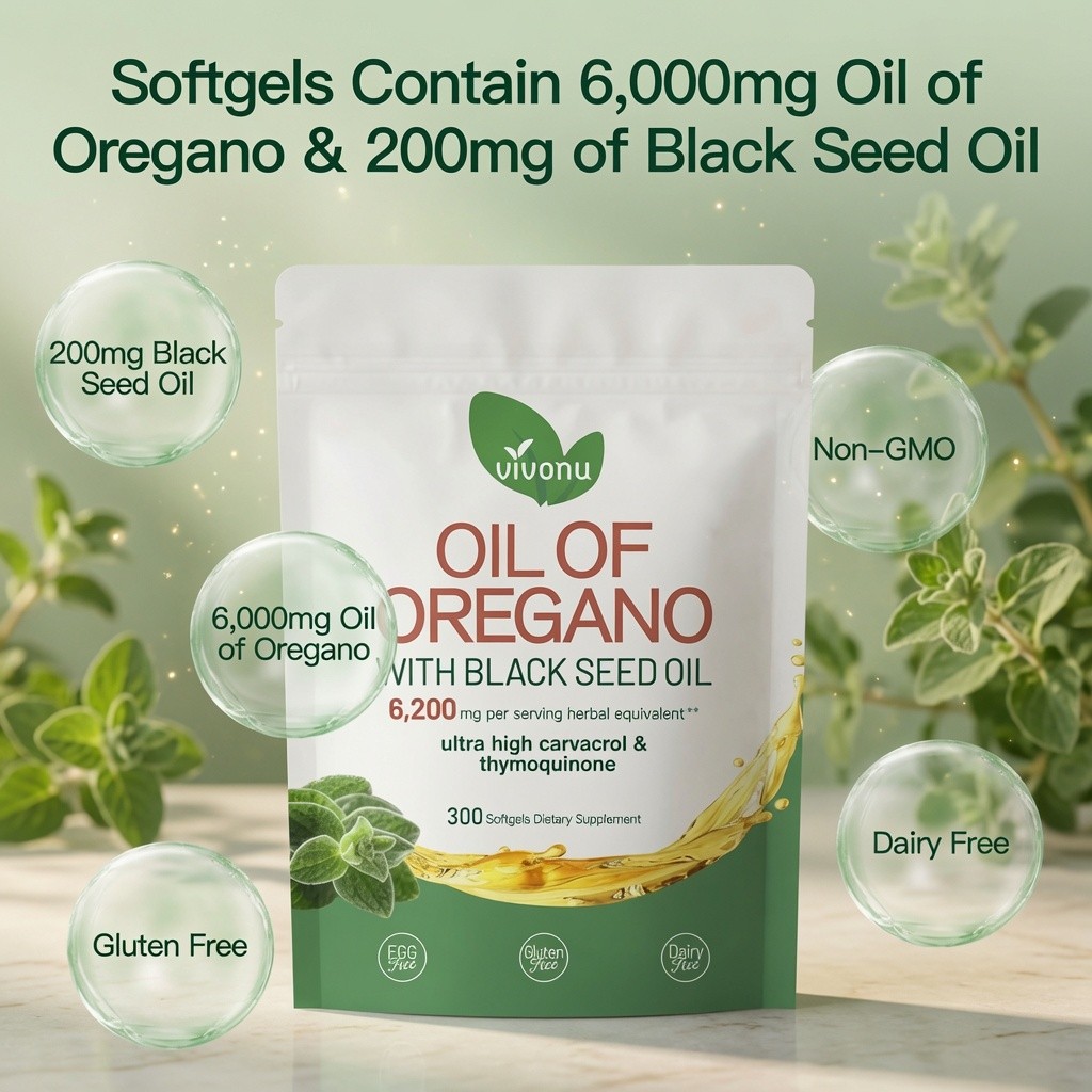Vivonu Oil of Oregano Black Seed Oil 6200mg 300 Softgels High Carvacrol