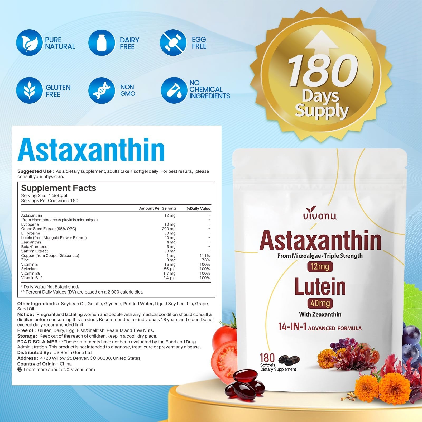 14-in-1 Astaxanthin 12mg & Lutein 40mg Supplements – Eye, Skin, Joint Health, No