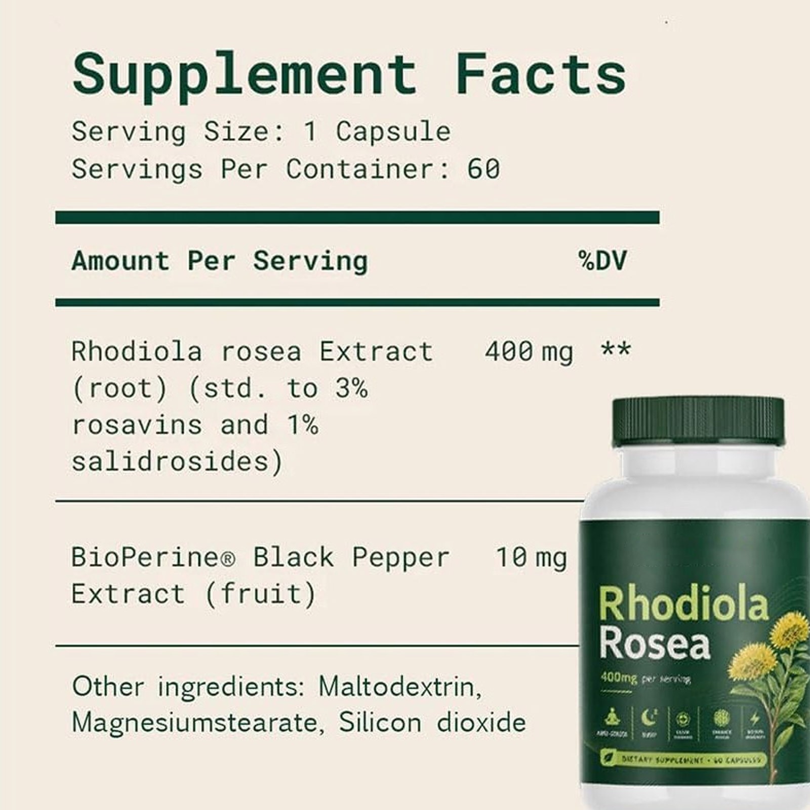 Soluma Rhodiola Rosea, 400mg Per Serving With Bioperine 60 Capsules 1 Set