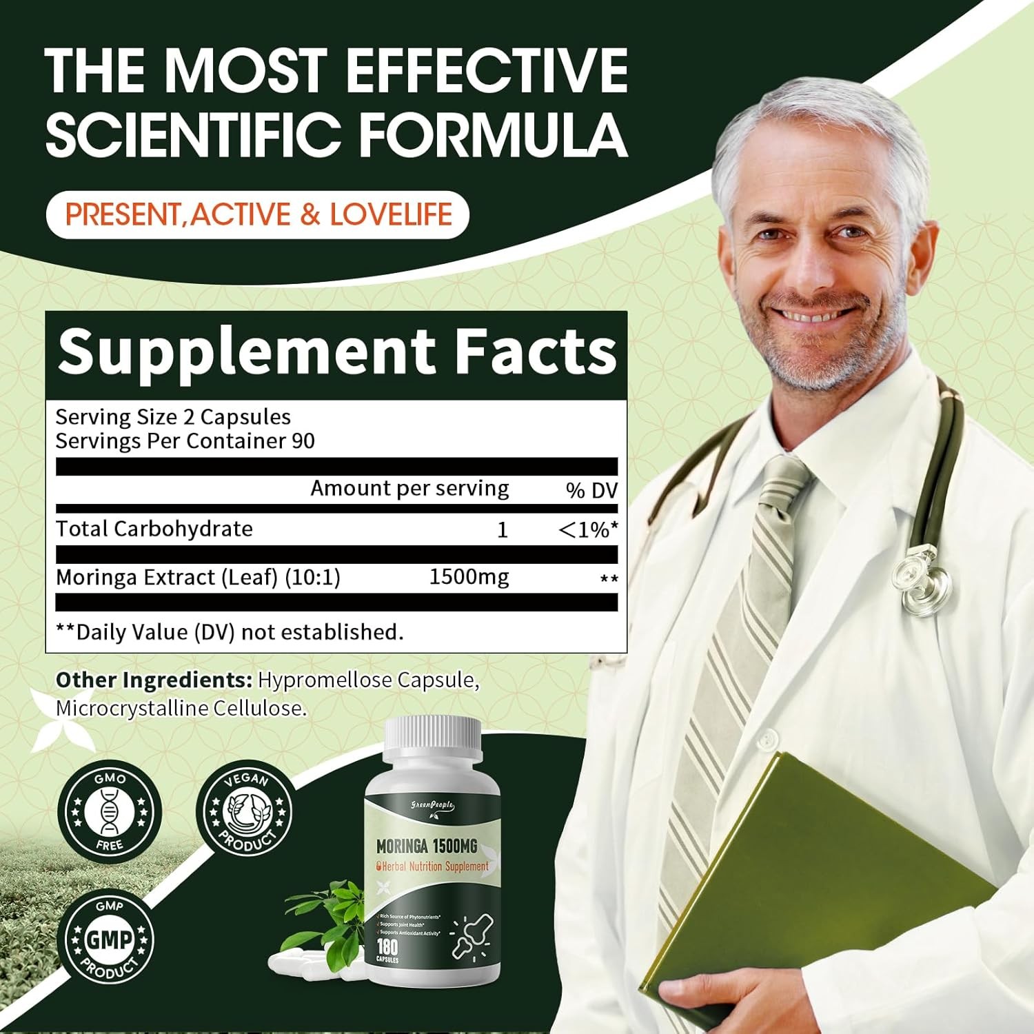 180 Capsules Moringa Oleifera Leaf Powder 1500mg – Organic Herbal Extract
