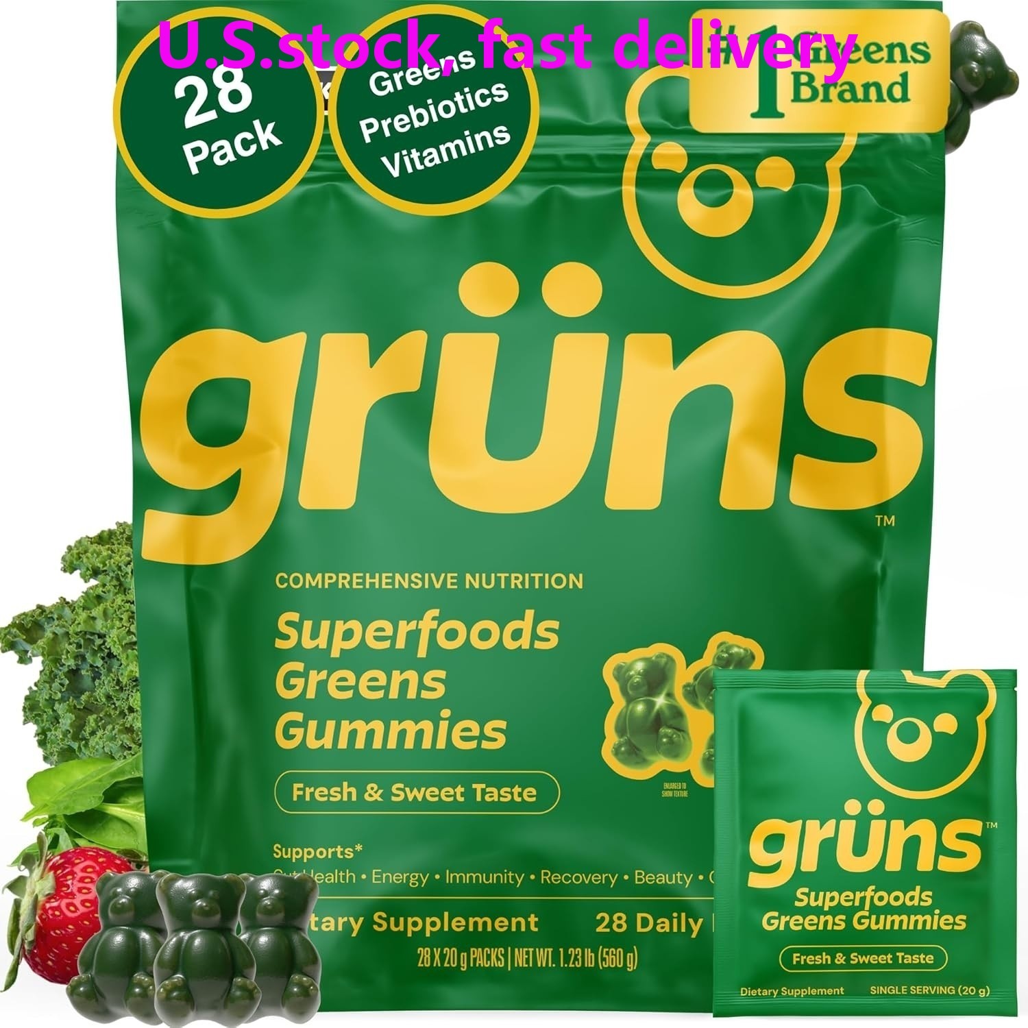 Grüns Superfood Greens Gummies – Digestive & Immune Support – 60ct