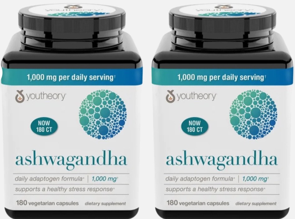 2 X Youtheory Ashwagandha 1000 mg, 180 Vegetarian Capsules Exp: 08/27