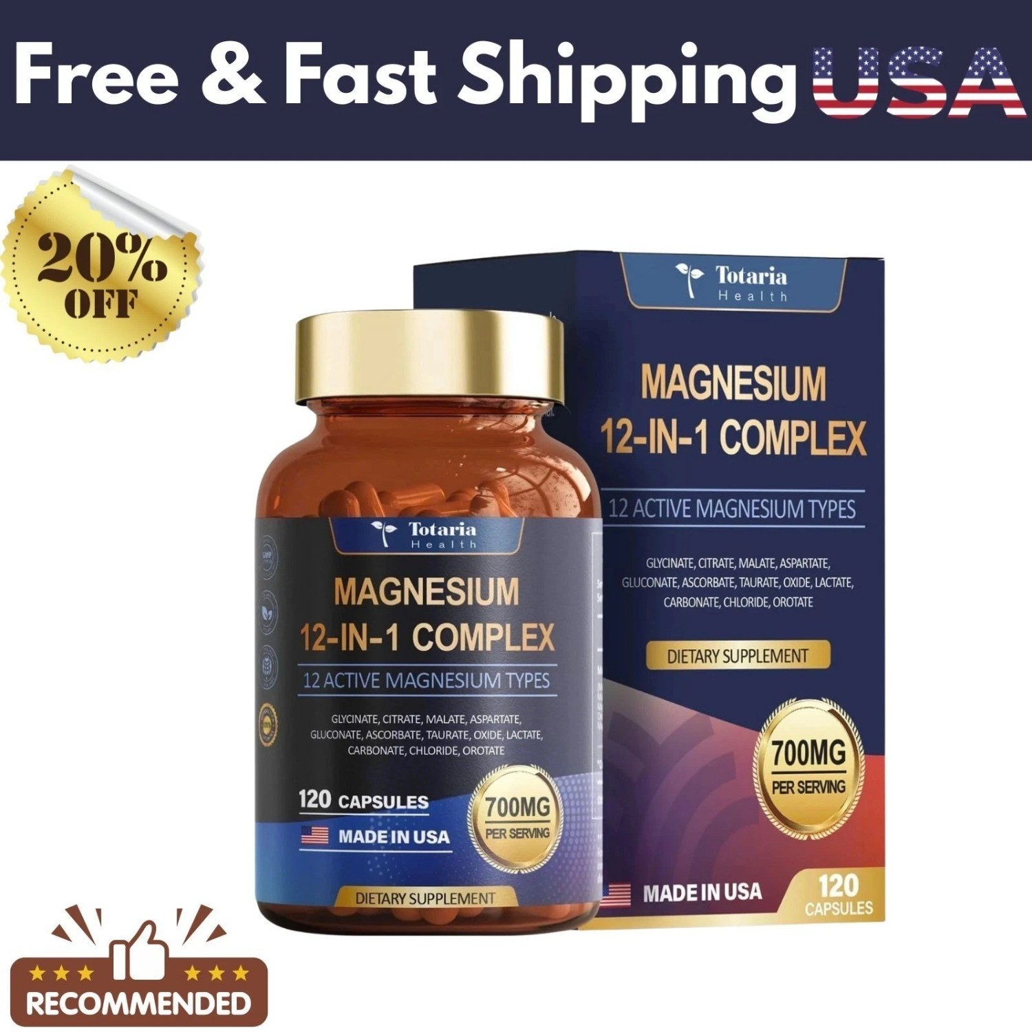 Totaria Health Magnesium 12-in-1 Complex – 700mg | 120 Capsules | Vegan, Non-GMO