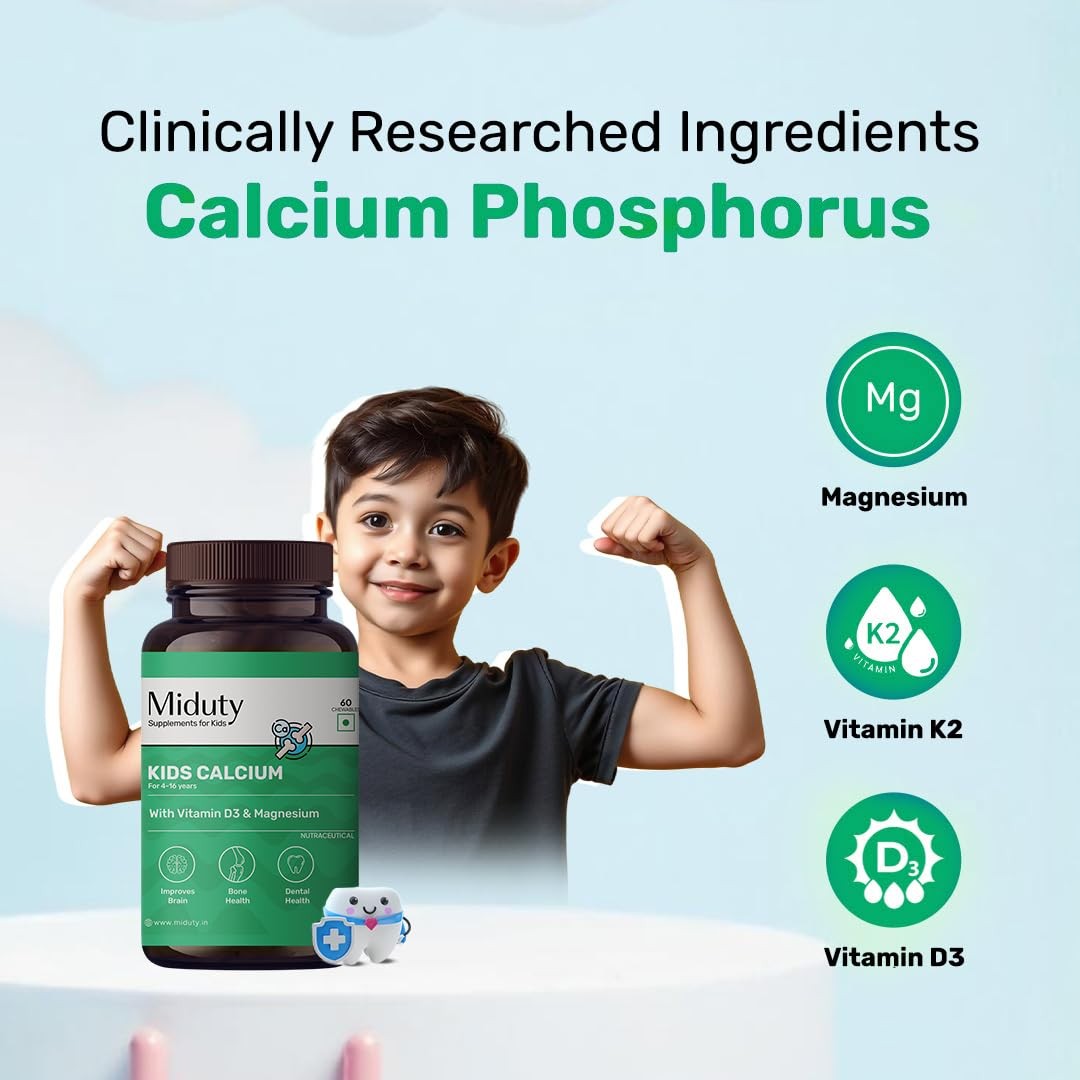 Miduty Kids Chewable Calcium 350mg w/ D3 K2 Magnesium Strong Bones 60 Tabs