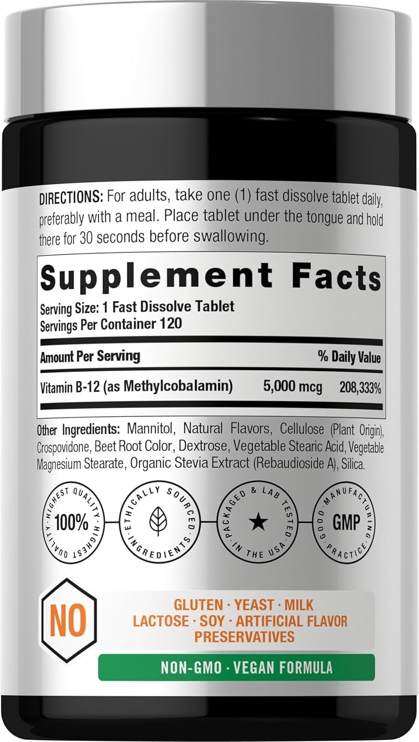 Horbäach B12 Vitamin 5000 mcg | 120 Fast Dissolve Tablets | Sublingual Methylcob