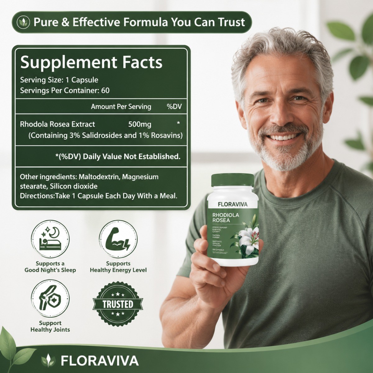 Floraviva Rhodiola Rosea 500mg Capsules Stress Relief Energy Mood Focus Support