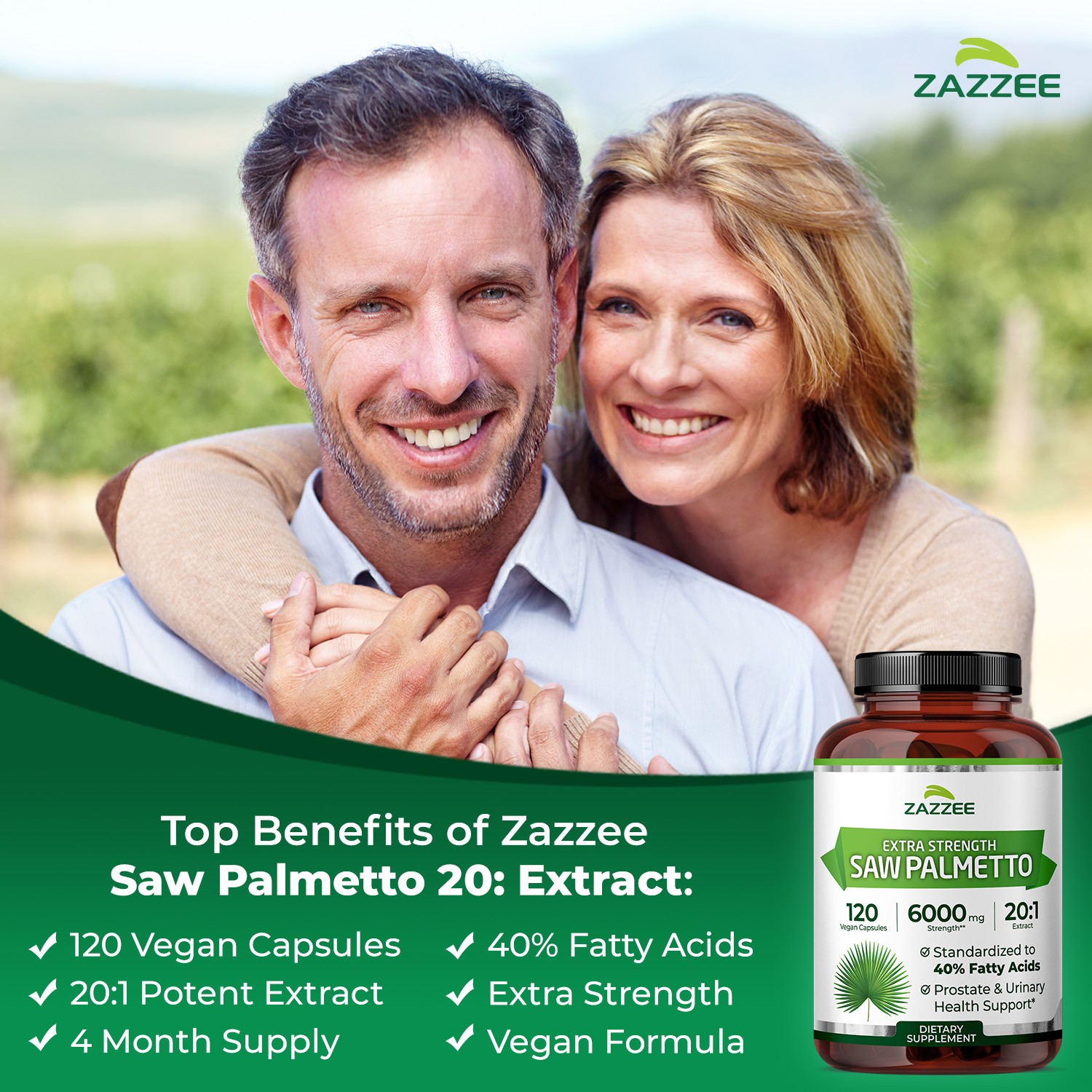 Zazzee Extra Strength Saw Palmetto 20:1 Extract, 6000 mg Strength, 120 Capsules