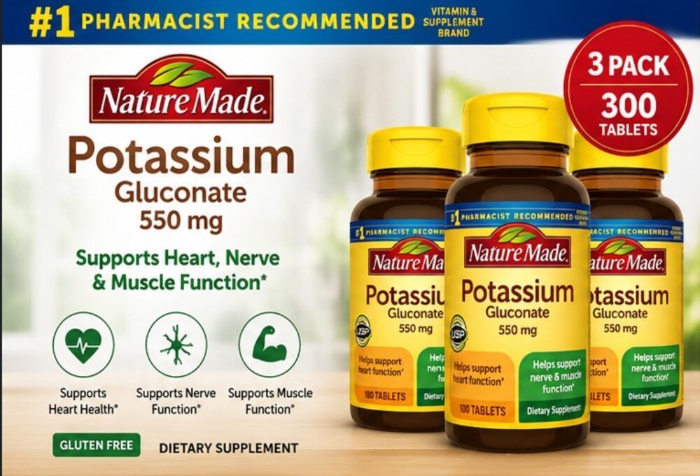 Nature Made Potassium Gluconate 550mg 300 Tablets (3×100) Heart Muscle Support