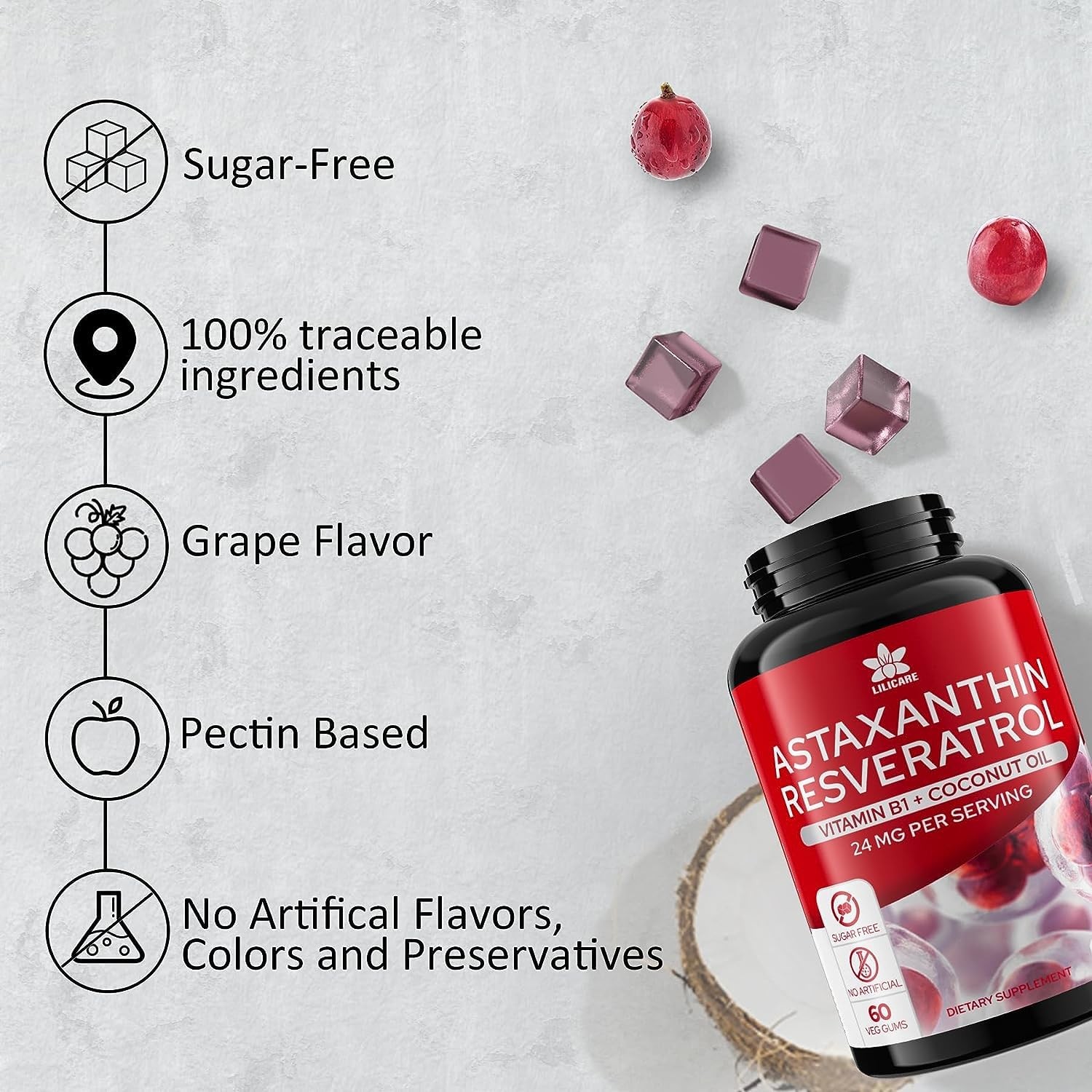 Astaxanthin Supplements 24mg Gummies with Resveratrol, 60 Count (Pack of 2)