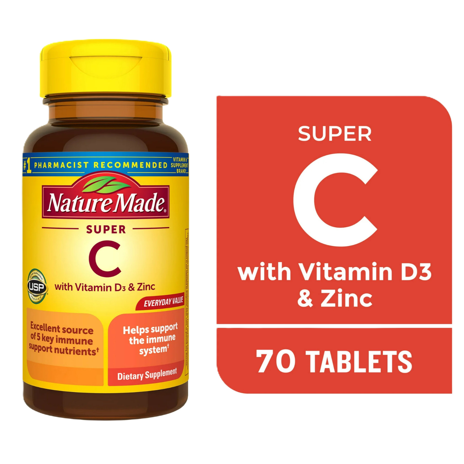 Super C with Vitamin D3 and Zinc Tablets Dietary Supplement 70 Count