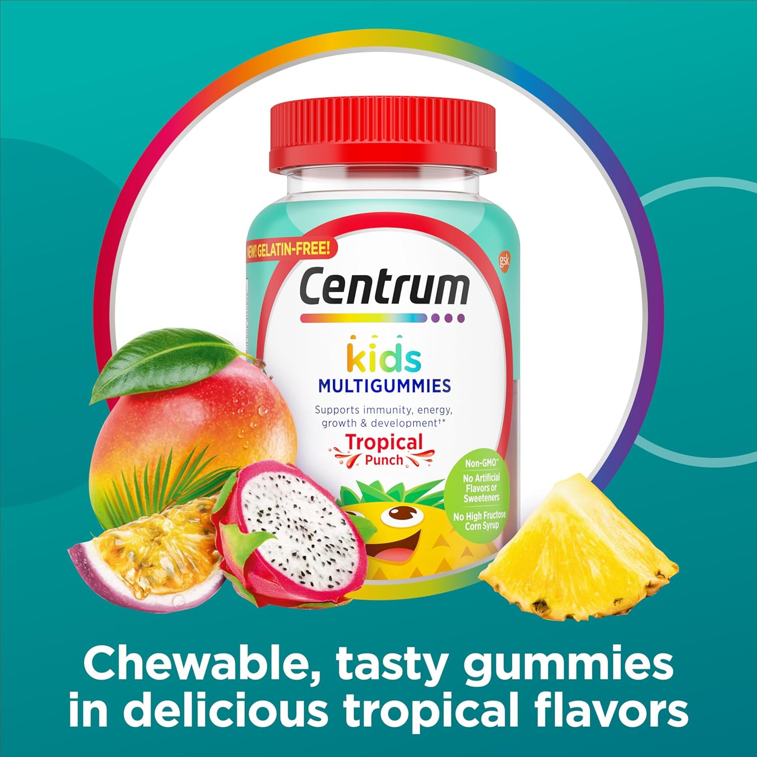 Kids Multivitamin Gummies, Tropical Punch Flavor Made with Natural Flavors, Stoc
