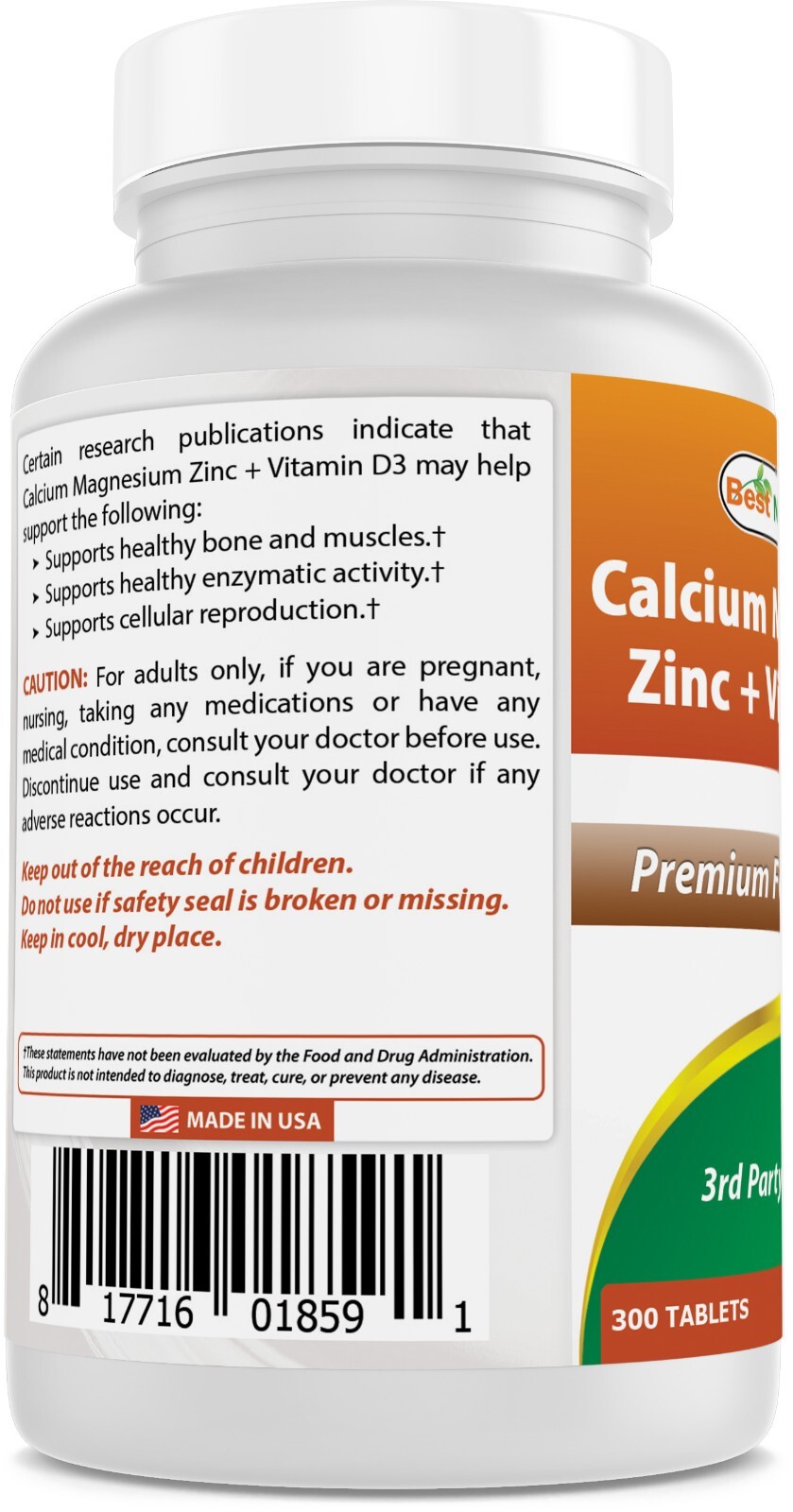 3 Pack Best Naturals Calcium Magnesium Zinc with Vitamin D3, 300 Tablets