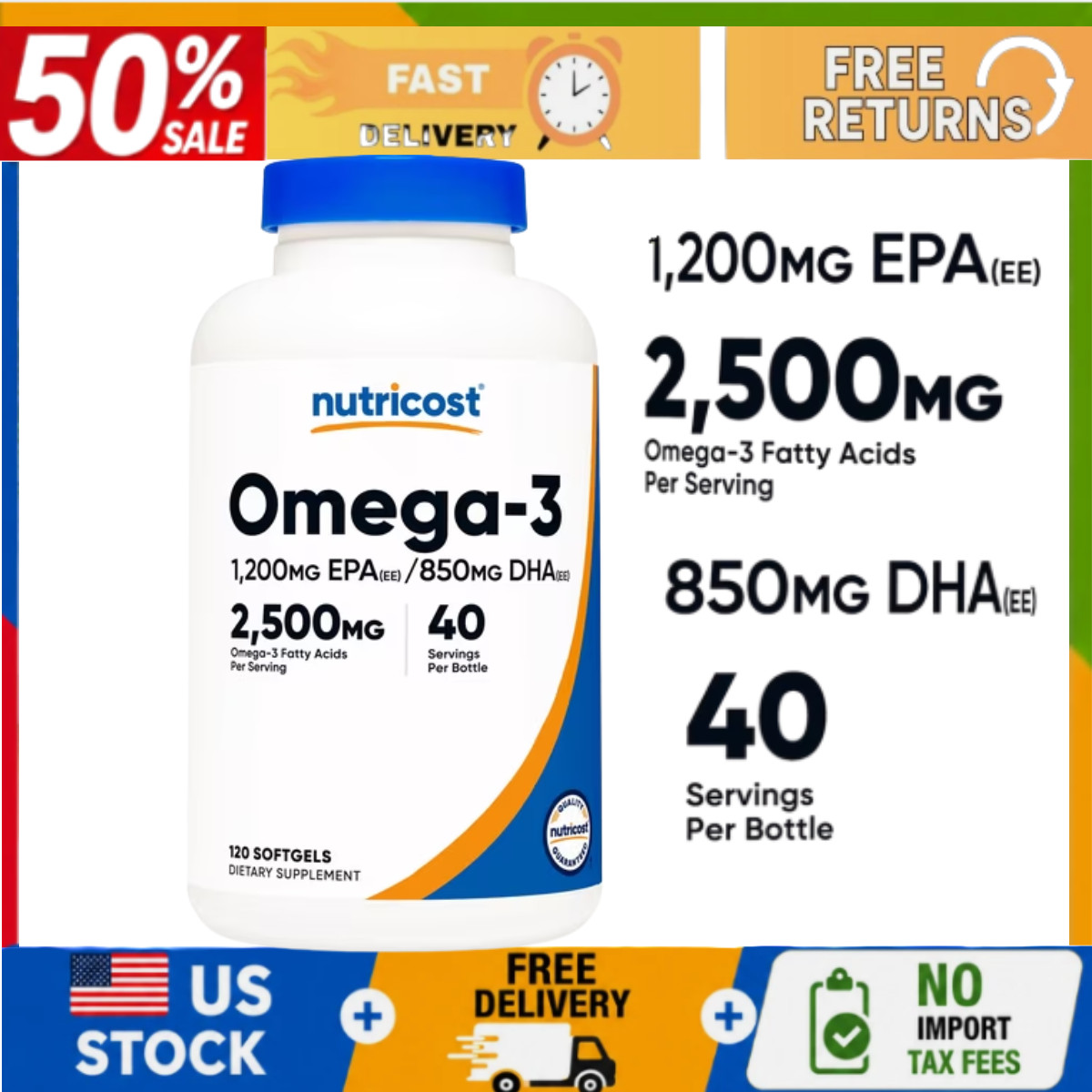 Nutricost Omega 3 Fish Oil 2500mg 120 Softgels 40 Serv 3x Strengt Non GMO Gluten