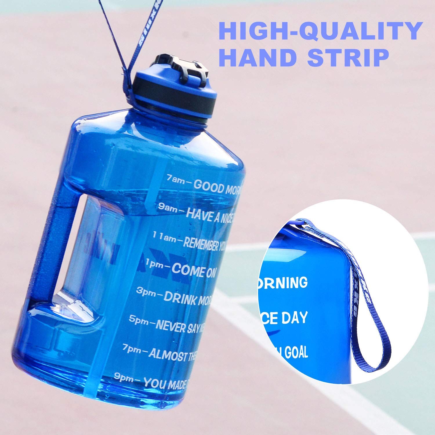 SLUXKE Gallon Water Bottle Jug with Time Marker BPA Free, 128 Ounces, Blue