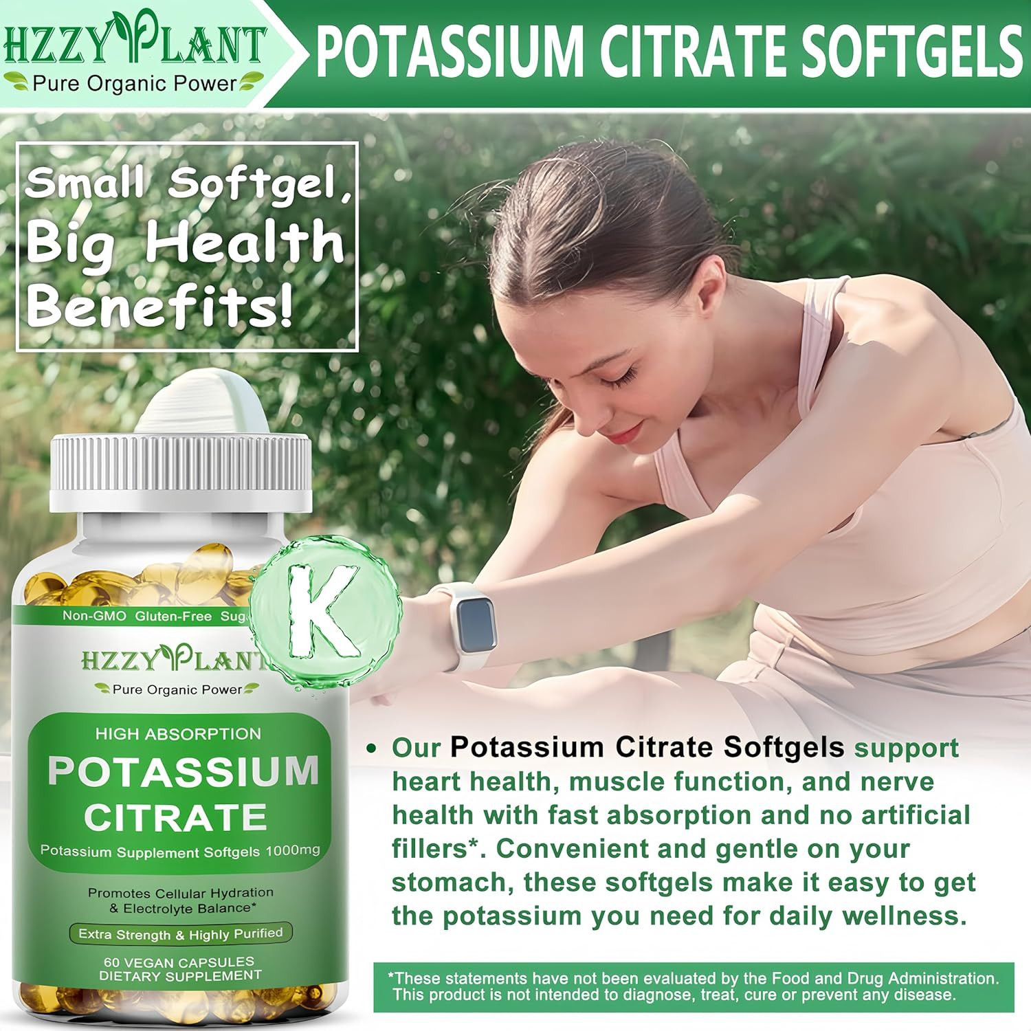 Potassium Supplement Softgels, High Absorption Potassium Citrate 1000Mg for Musc