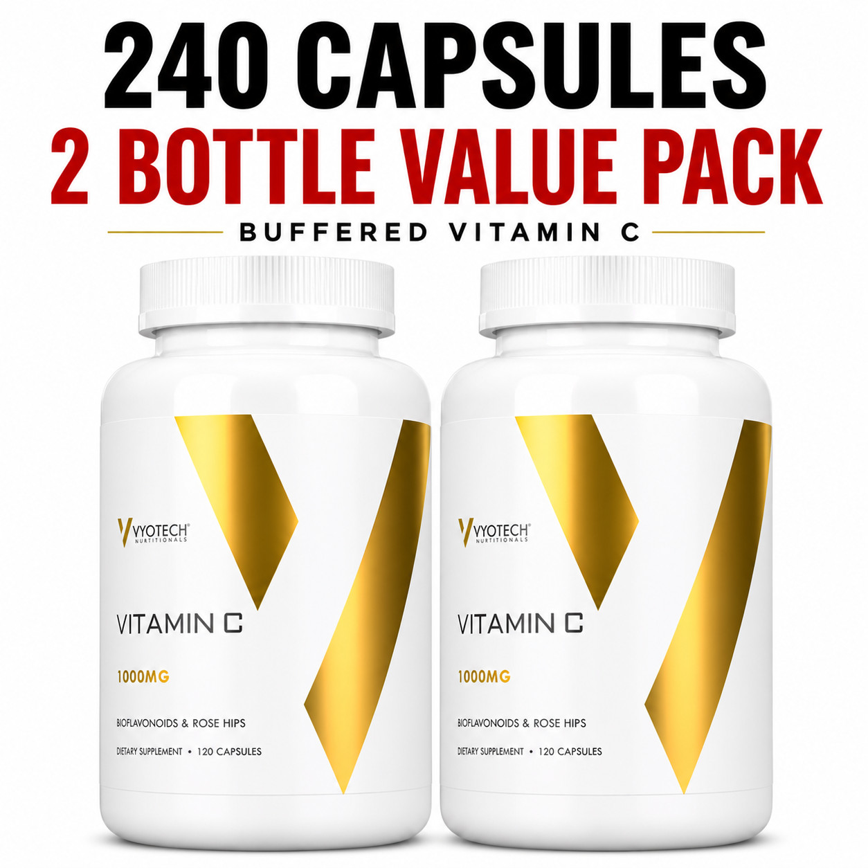Vitamin C 1000 mg Buffered Capsules 240 Count 2 Pack Non Acidic Easy on Stomach