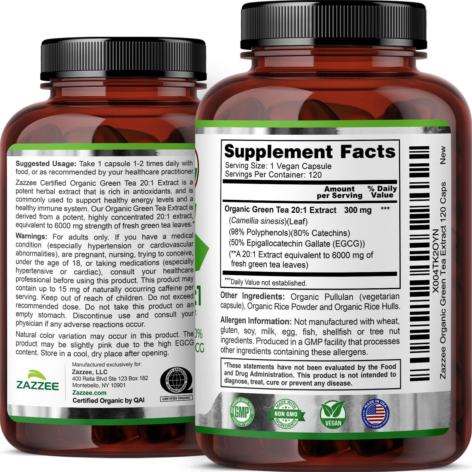 Zazzee USDA Organic Green Tea 20:1 Extract, 6000 mg Strength, 50% EGCG