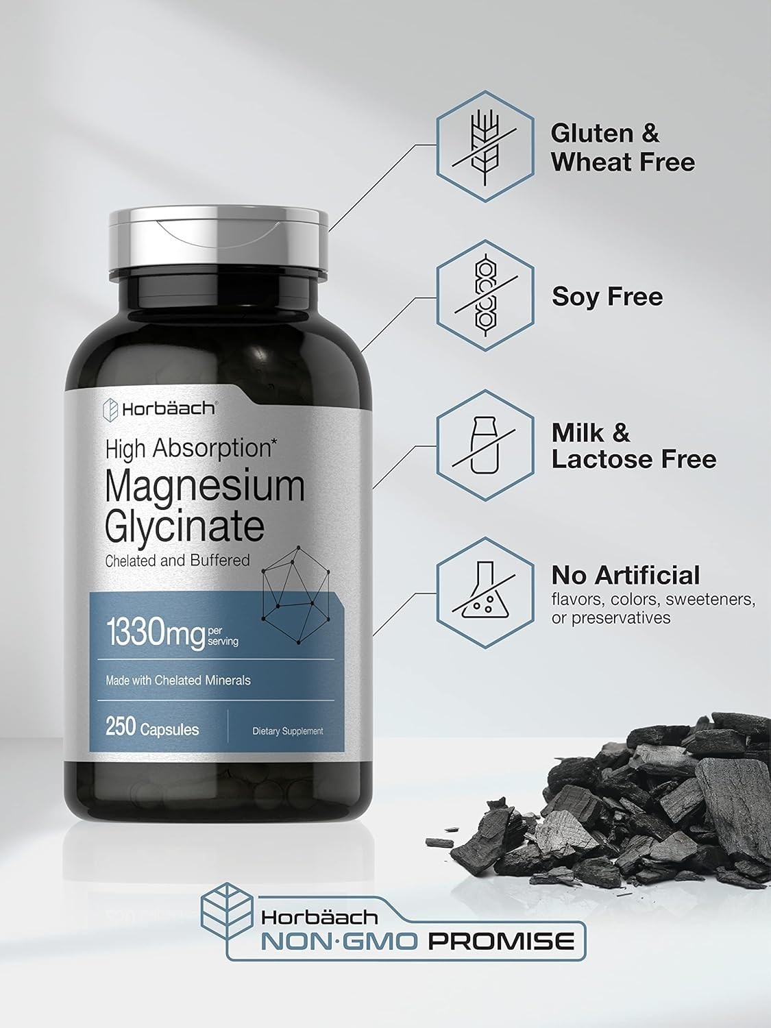 Magnesium Glycinate | 1330mg | 250 Capsules | Buffered & Chelated | by Horbaach