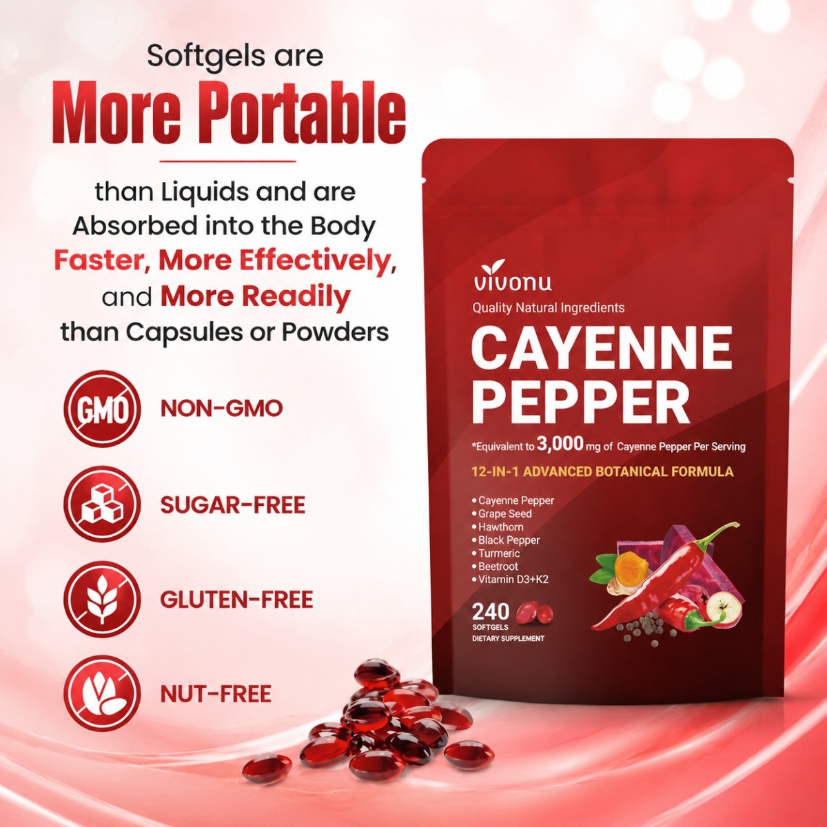 Vivonu Cayenne Pepper Softgels Heart & Vascular Wellness Supplement 240 Softgels