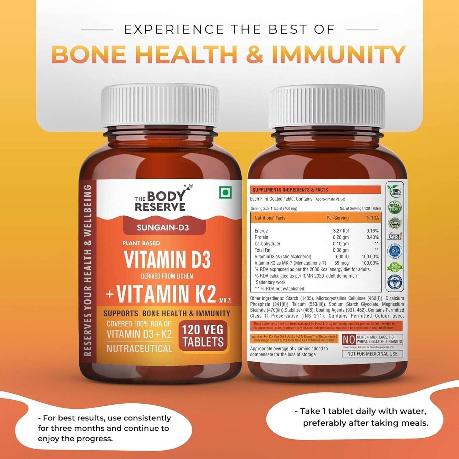 TBR Vitamin D3 K2 MK7 120 Veg Tablets, Plant- Supplement.