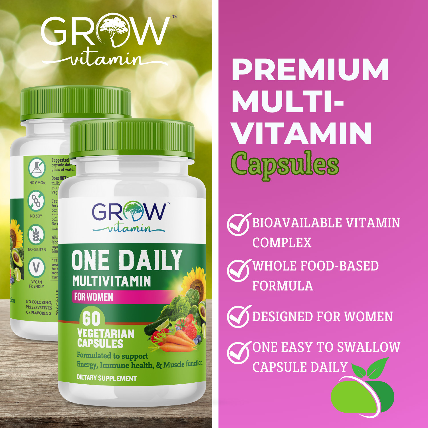 Grow Vitamin One Daily Multivitamin for Women , Organic Whole Foods – 60 Days