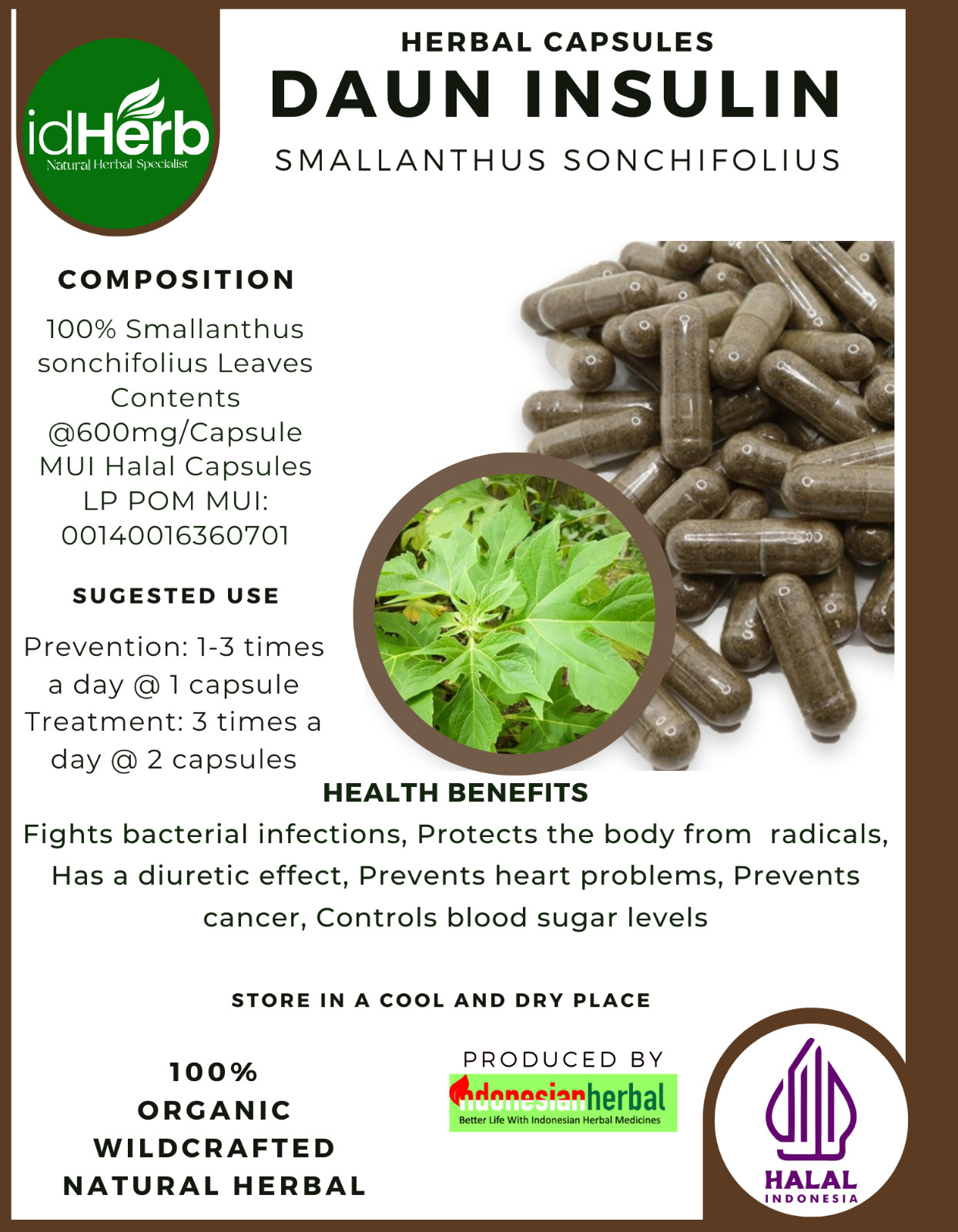 [idHerb] 100-800 Capsules Yacon Insulin Leaves Smallanthus Sonchifolius Organic