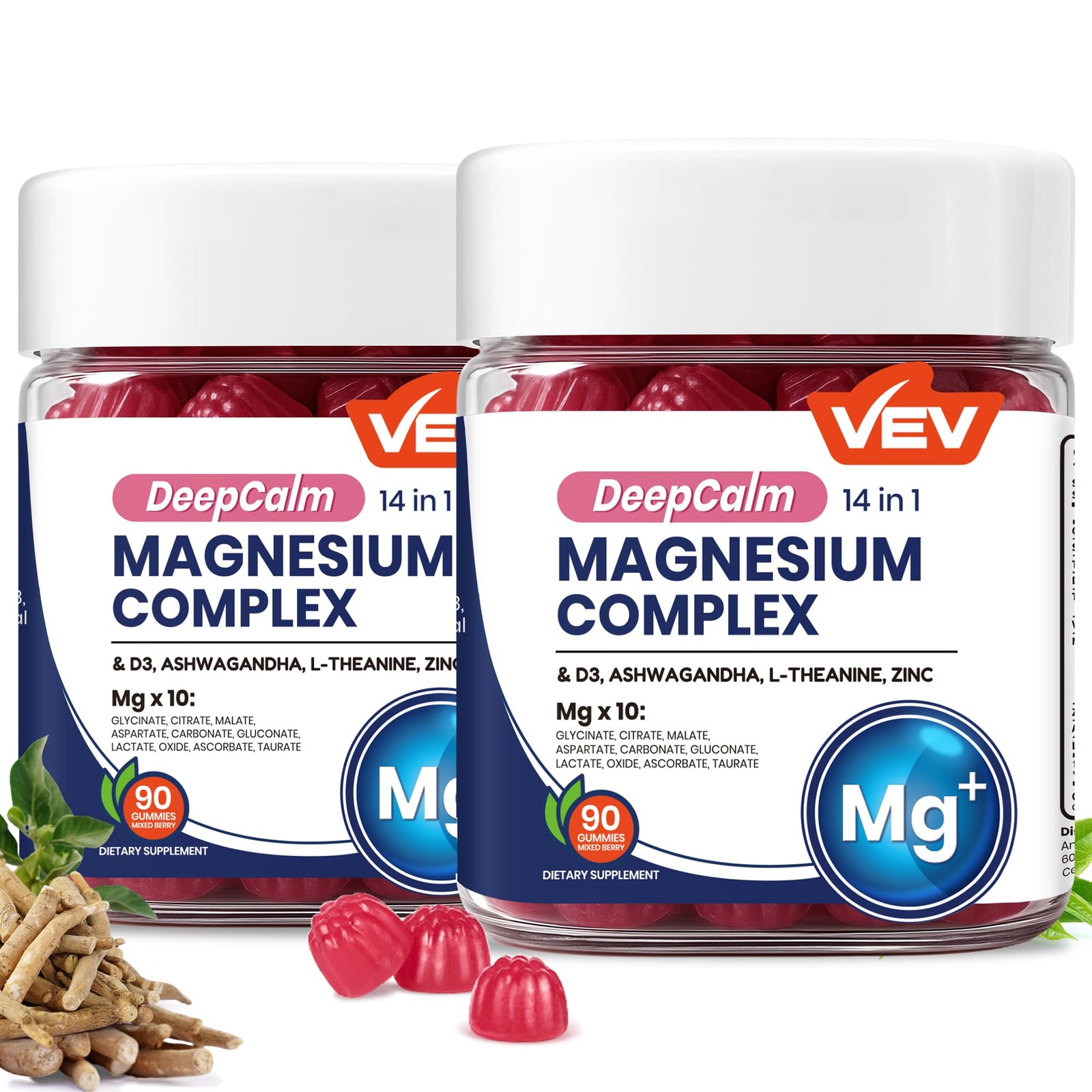 VEV Deep Calm Magnesium Complex 14-in-1 Gummies with 90 Count (Pack of 2)