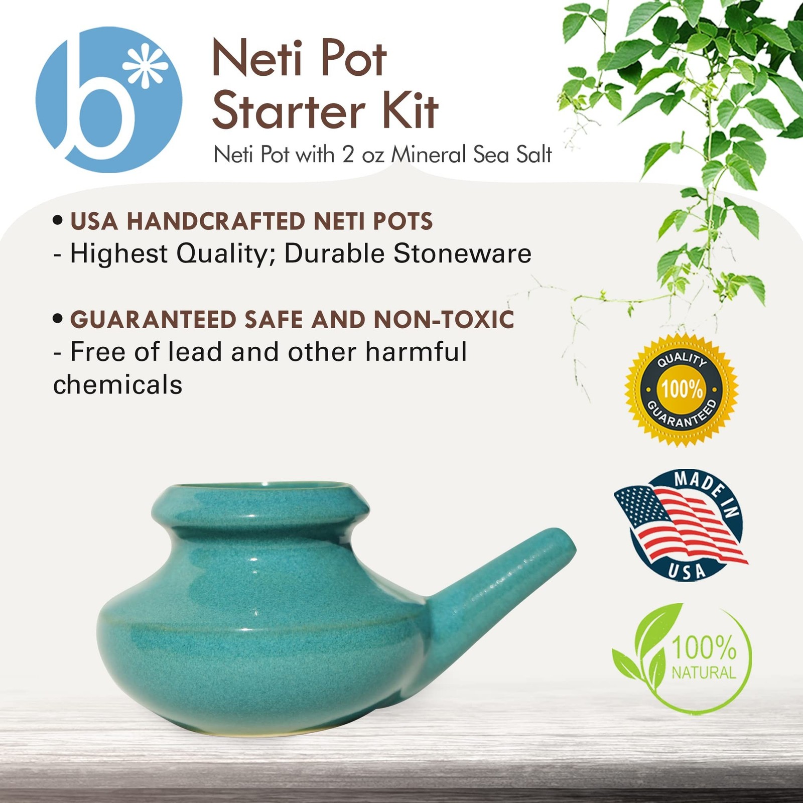 Baraka USA Ceramic Neti Pot w/ 2oz Mineral Sea Salt – Saline Nasal Rinse f