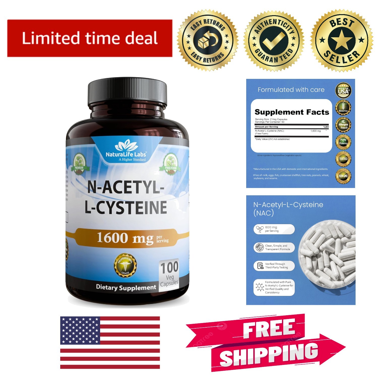 Non-GMO, Gluten-Free NAC 1600 mg Capsules – Clean Formula, 100 Count Bottle