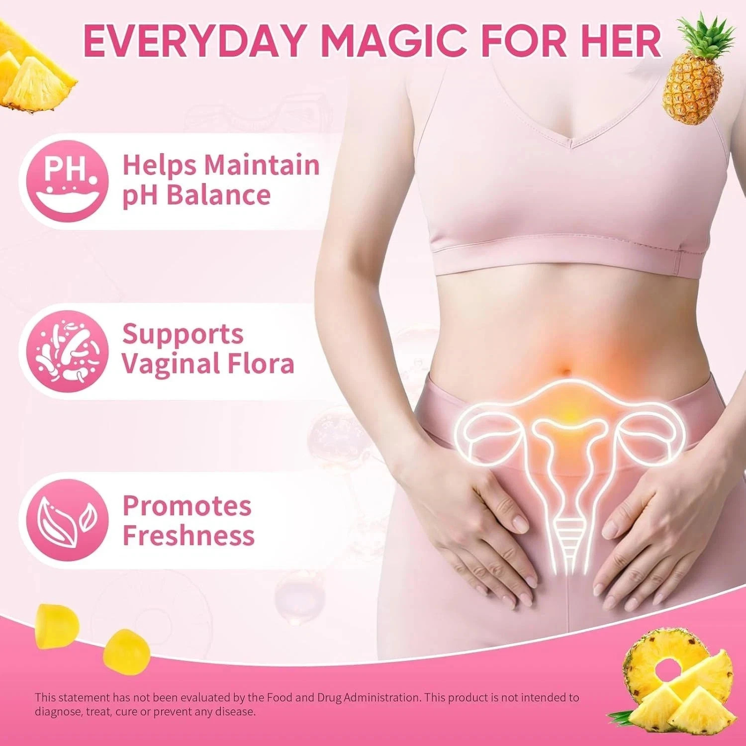Probiotic Gummies + Slippery Elm Support Flora Women ph Balance Pineapple Flavor
