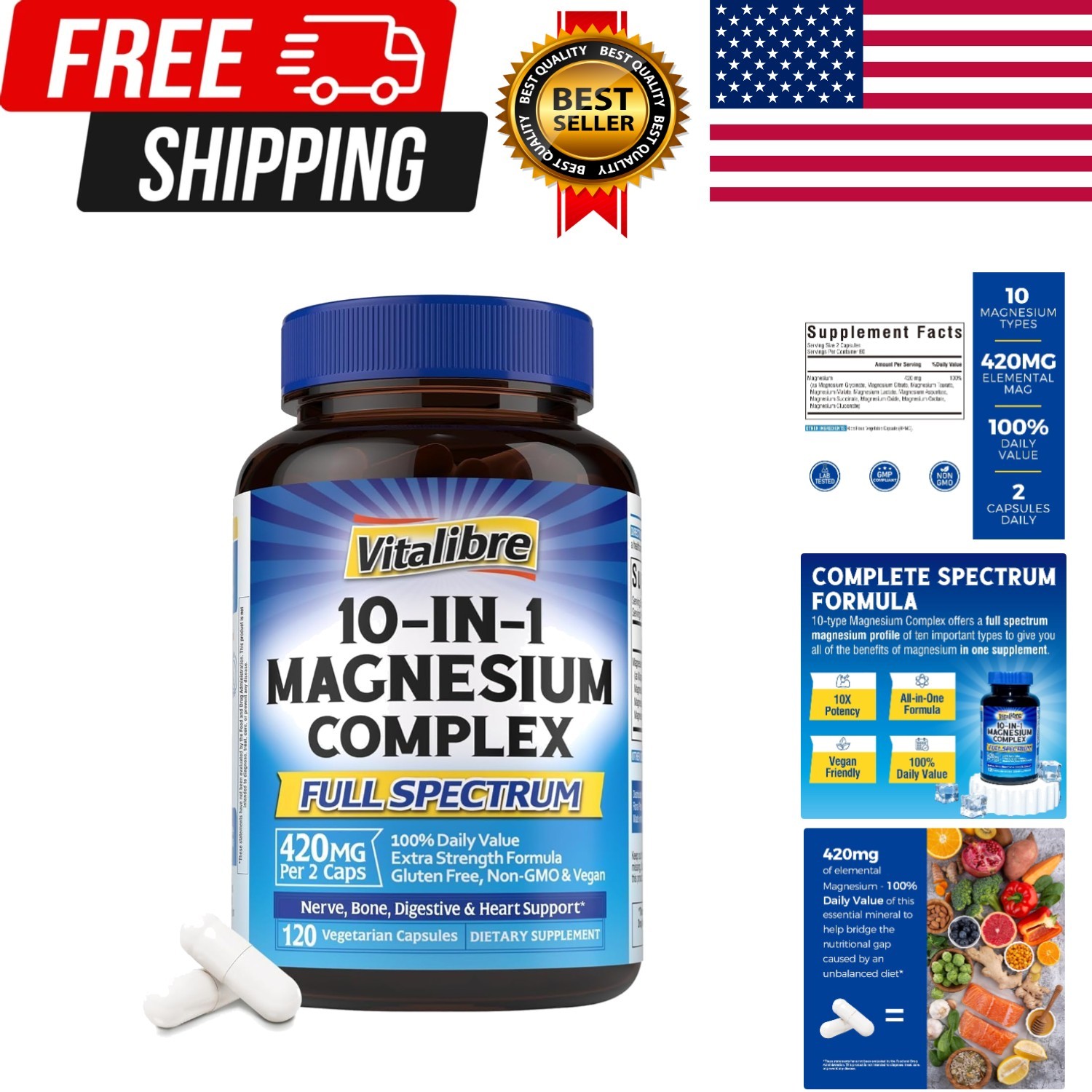 Vitalibre 10 in 1 Magnesium Complex, 420mg Elemental Magnesium | Ultra Strength,