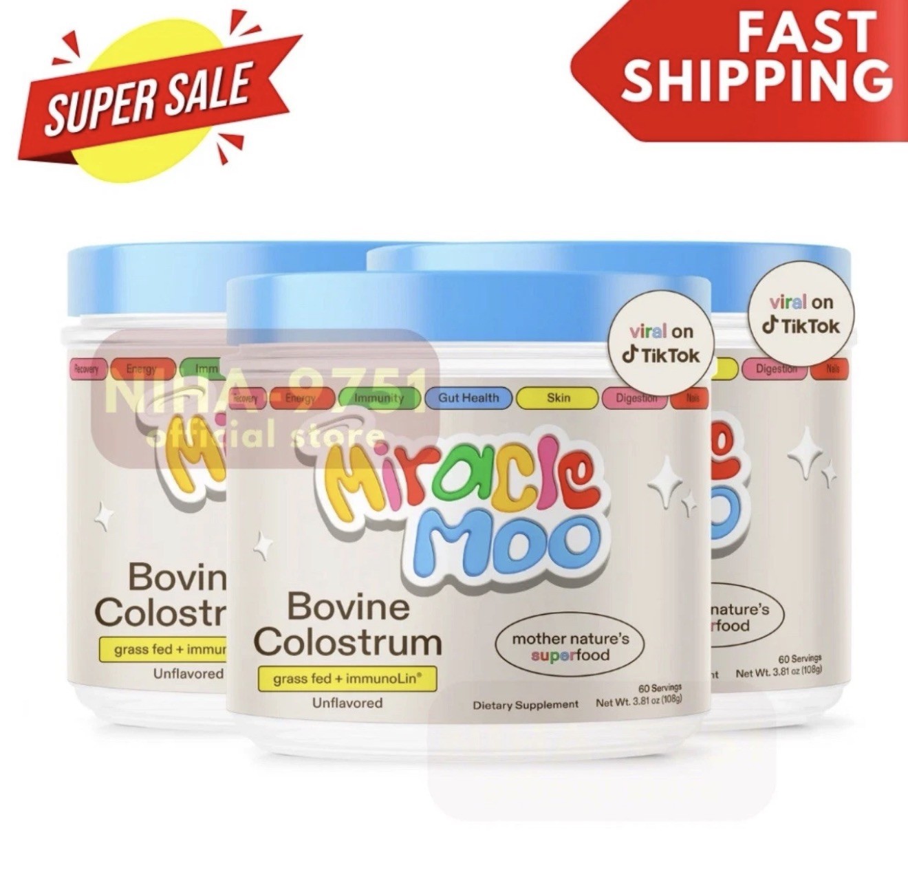 3 PACK OF Miracle Moo Mother Natures Bovine Colostrum 60 SV, FREE SHIPPING