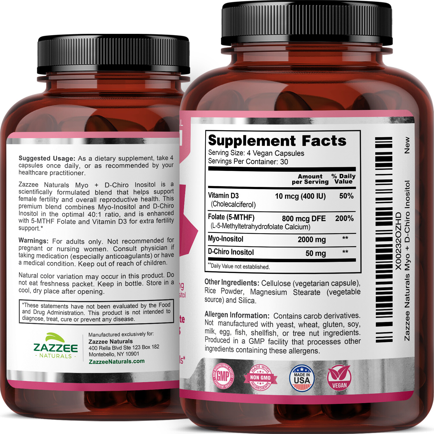 Zazzee Myo-Inositol + D-Chiro, with Folate (5-MTHF) + D3, 120 Vegan Capsules