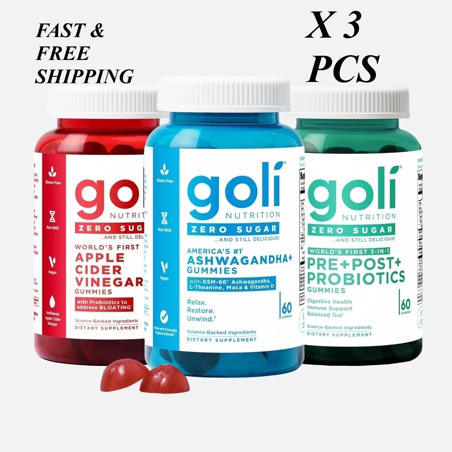 3 Pack Goli Zero Sugar Best Seller Trio Set Gummies 60Caps Per Bottle