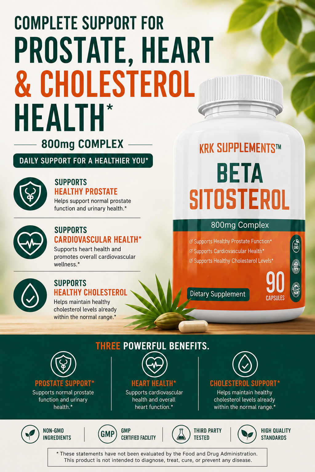 1 Bottle Beta Sitosterol 800mg Prostate Support Urinary Bladder KRK Supplements