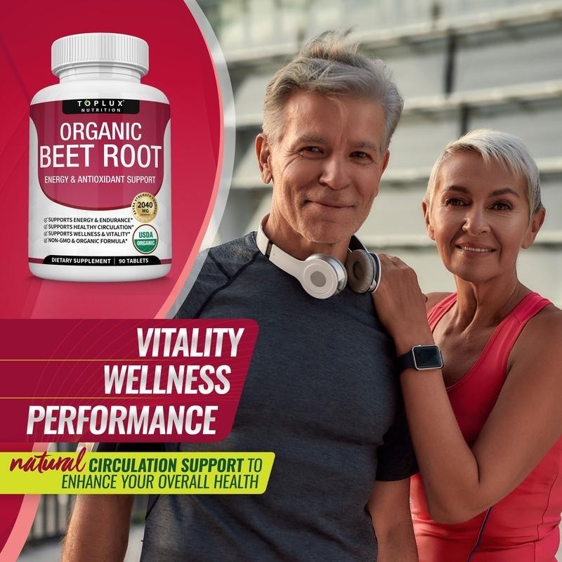 3PCS -TopLux Organic Beet Root 2040mg–90Tablets–Energy,Circulation&Antioxidant