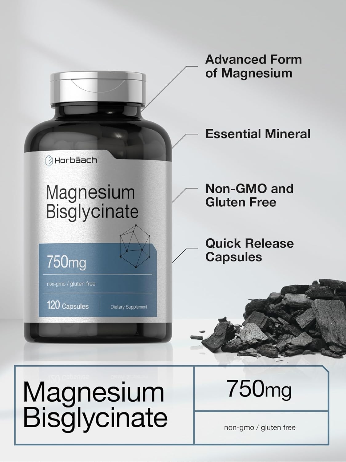 Horbaach Magnesium Bisglycinate, 120 Capsules, 750Mg, Non-Gmo Supplement