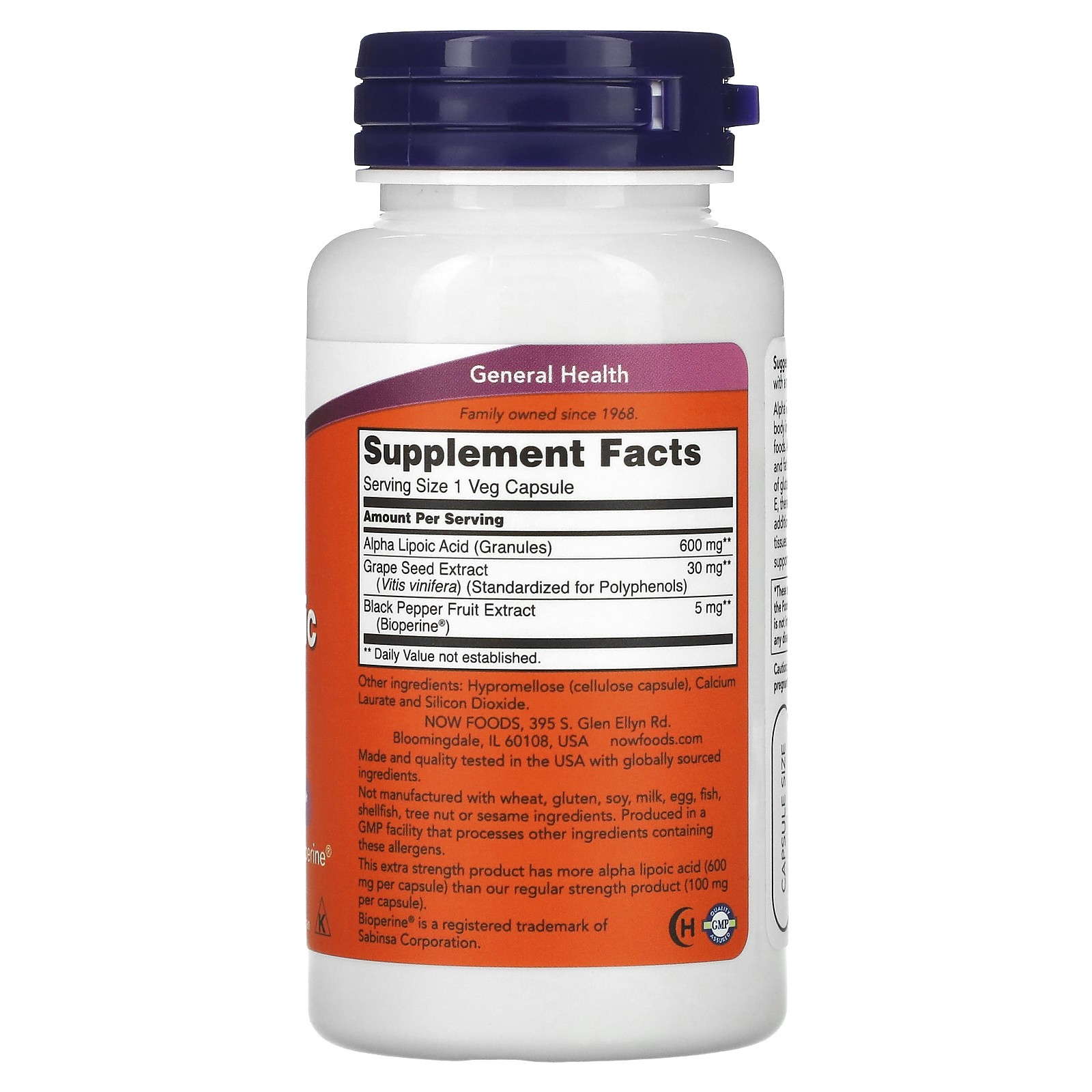 Now Foods Alpha Lipoic Acid Extra Strength 600 mg 60 Veg Capsules GMP Quality