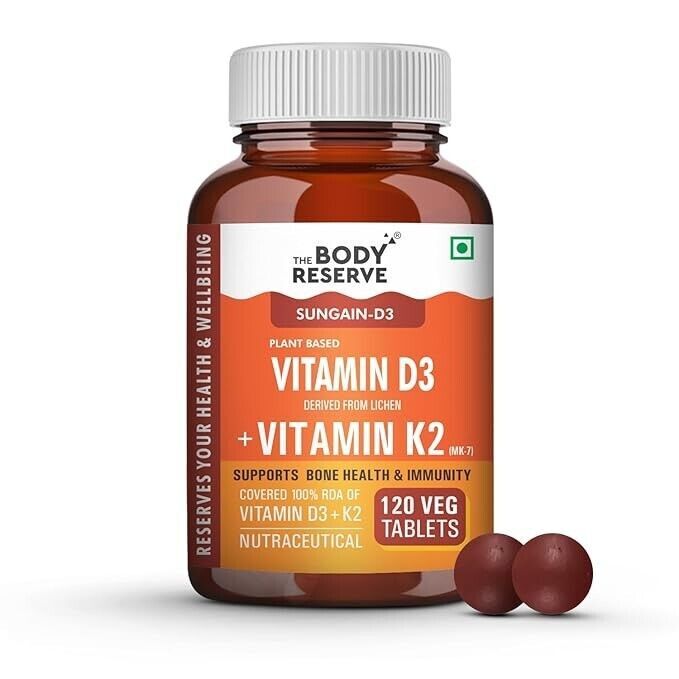 TBR Vitamin D3 K2 MK7 120 Veg Tablets, Plant- Supplement.