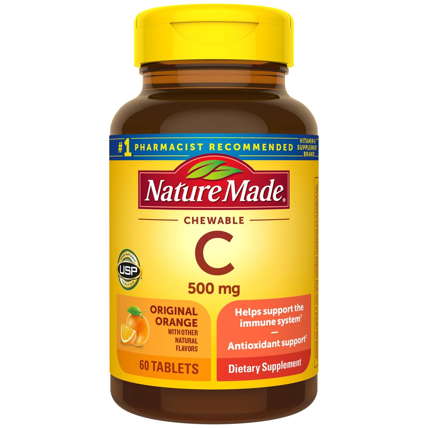 Nature Made Vitamin C Chewable Tablets Supplement Orange Flavor 500 mg 60 Count