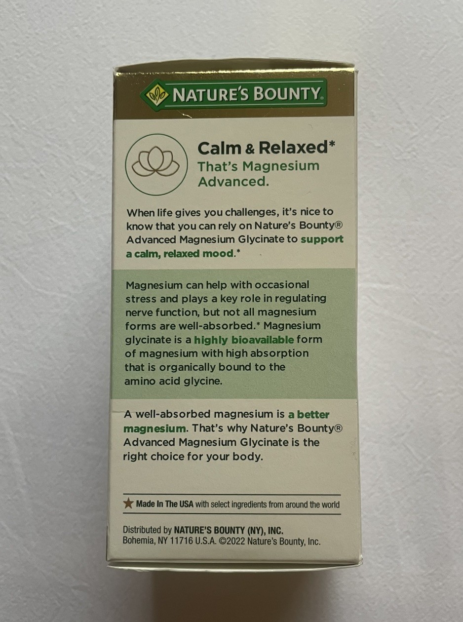 Natures Bounty Advanced MAGNESIUM GLYCINATE High Absorption, 90 caps 08/27