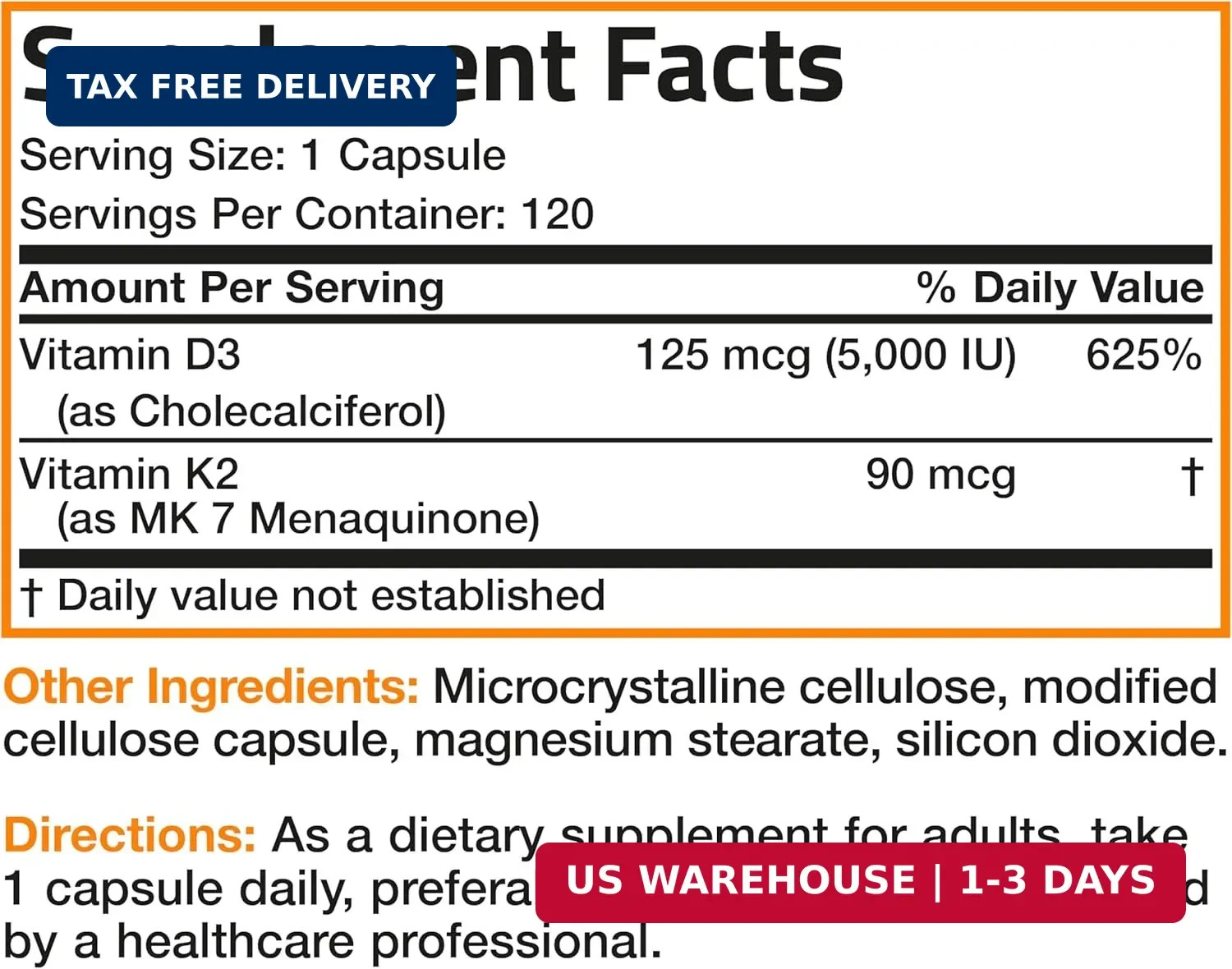 Vitamin K2 D3 (MK7) Supplement 2-in1 D3 & K2 Complex, 120 Capsules | Bon