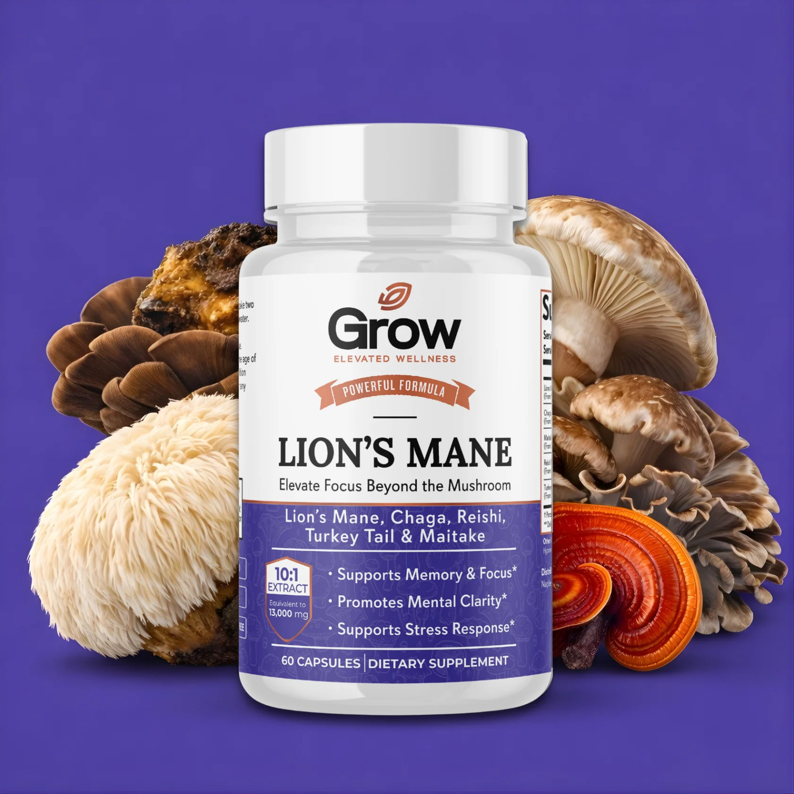 Lions Mane Mushroom Supplement Capsules 13,000mg, Organic Complex Mushroom Blend