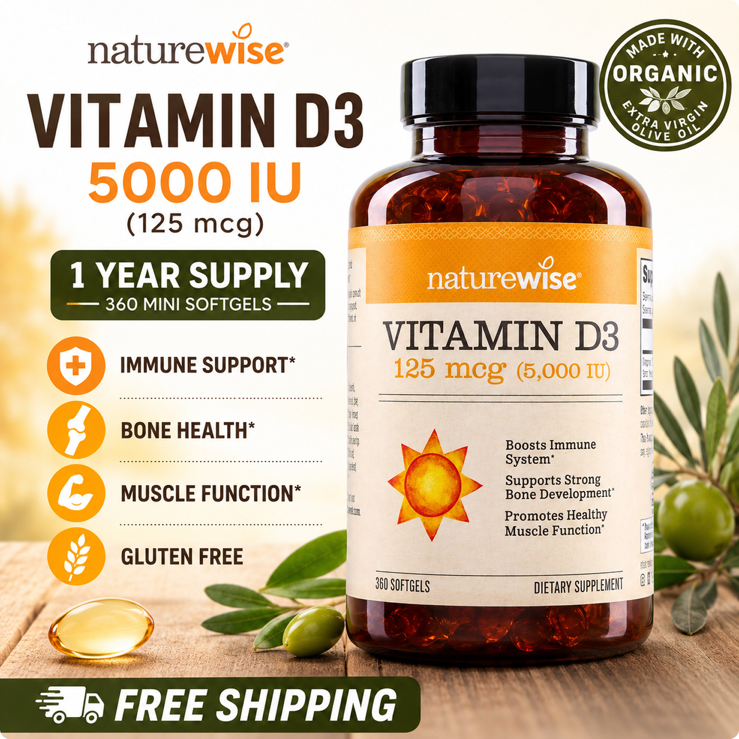 NatureWise Vitamin D3 5000 IU 360 Softgels Immune Bone Muscle Support 1 Year