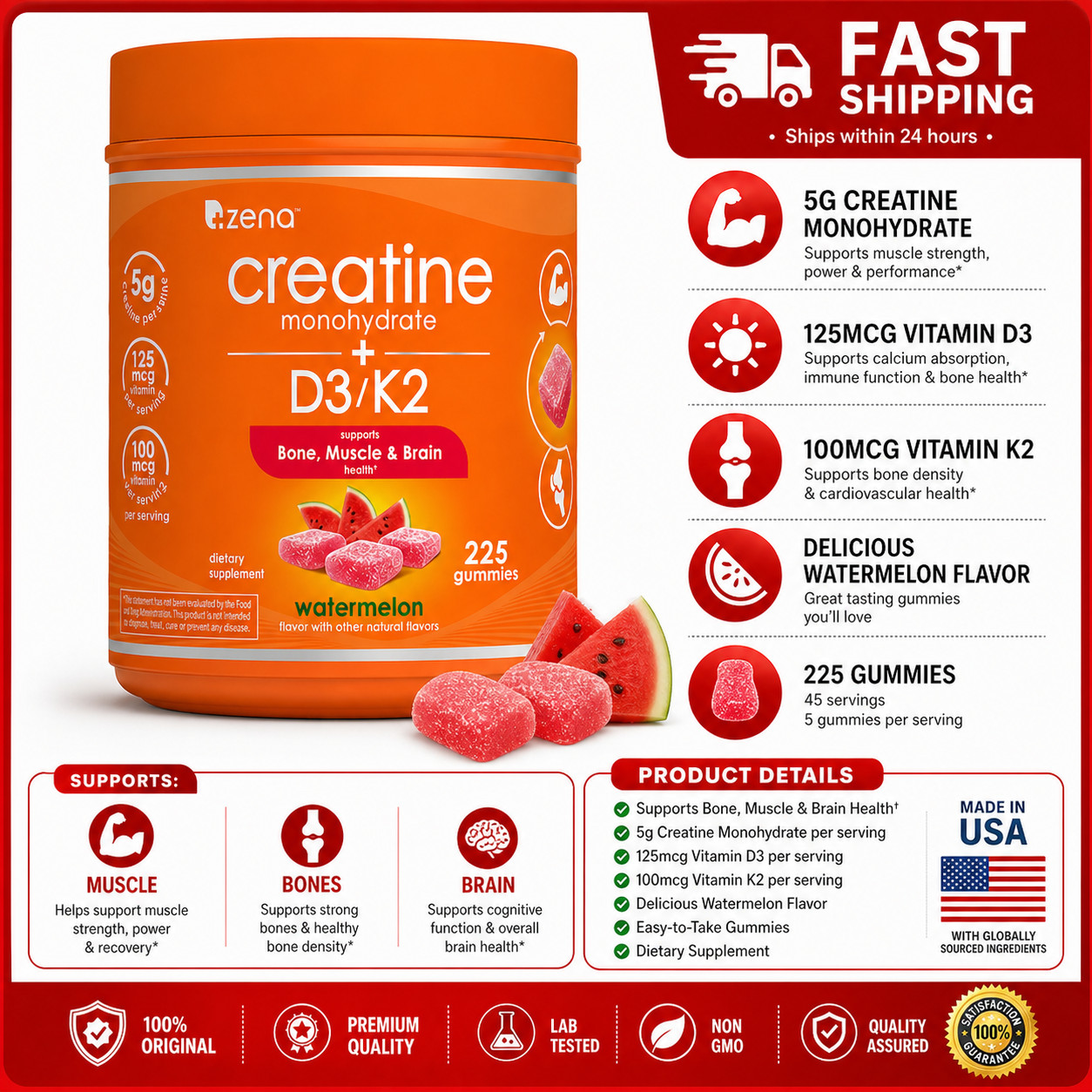 Zena Creatine Monohydrate Gummies with D3/K2, 225 Count, 5g Micronized Creatine