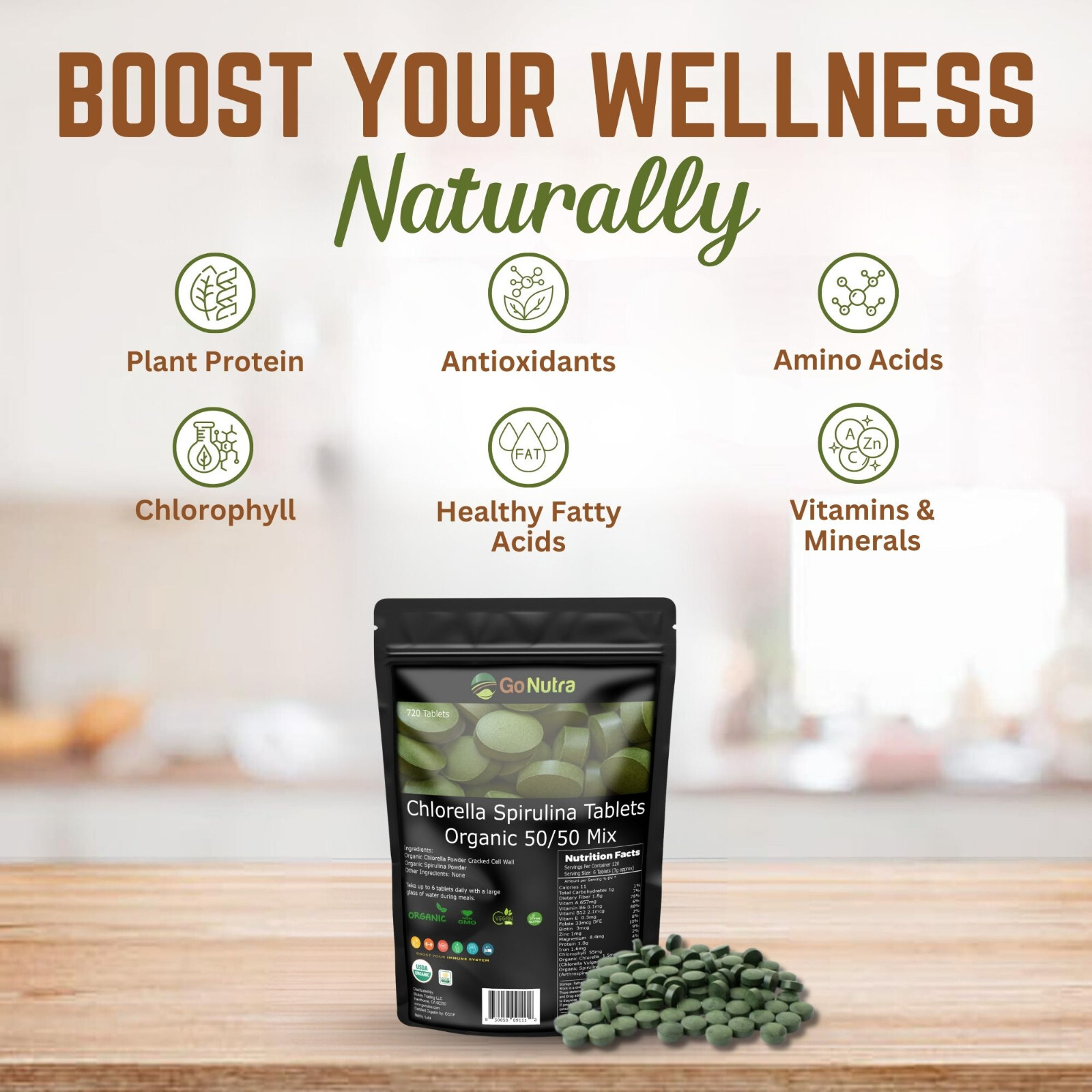Organic Chlorella Spirulina Tablets 50/50 Mix, 500mg, 720 count, 4 month supply