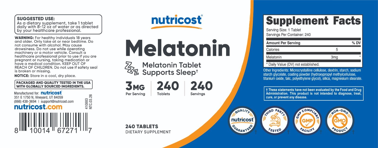 Nutricost Melatonin 3mg, 240 Tablets – 3mg Per Serving, Non-GMO, Gluten Free