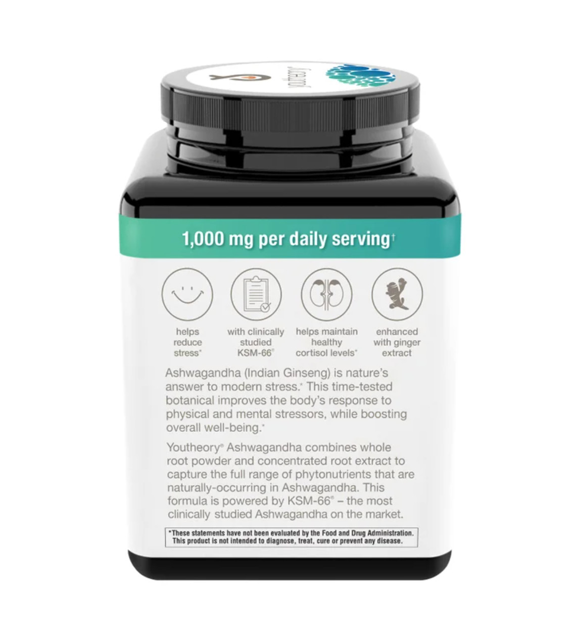 Youtheory Ashwagandha 1000mg KSM-66 180 Veggie Capsules Stress Support.,