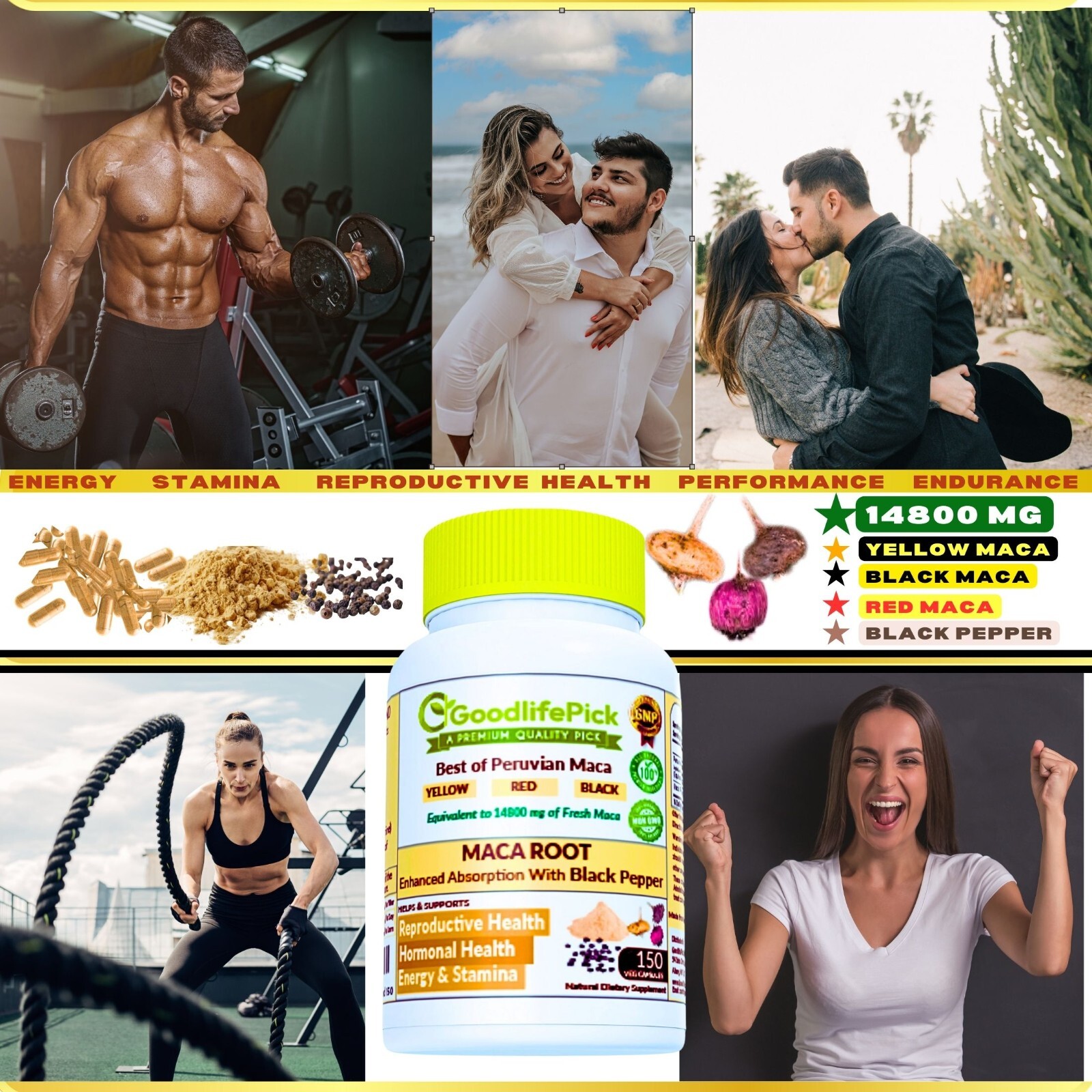 Maca Root Capsules. Yellow Maca Black Maca Red Maca & Black Pepper-150 capsules